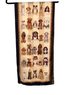 Dog-Themed Sheer Lightweight Scarf in Cream and Navy EUC